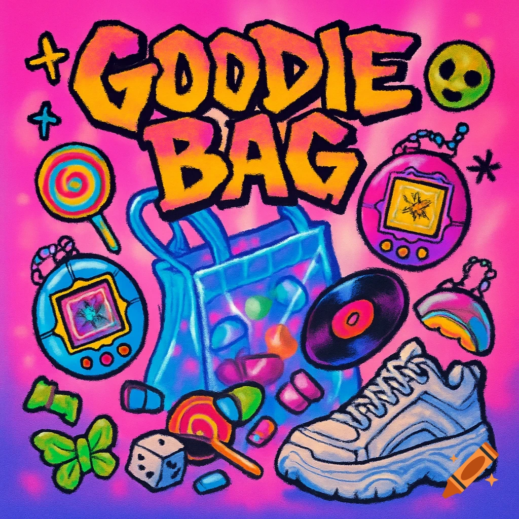 A vibrant, cartoon-style album cover featuring the text 'GOODIE BAG' surrounded by colorful early 2000s items like candy, retro digital pets, a sneaker, and a record, all on a pink and purple background.