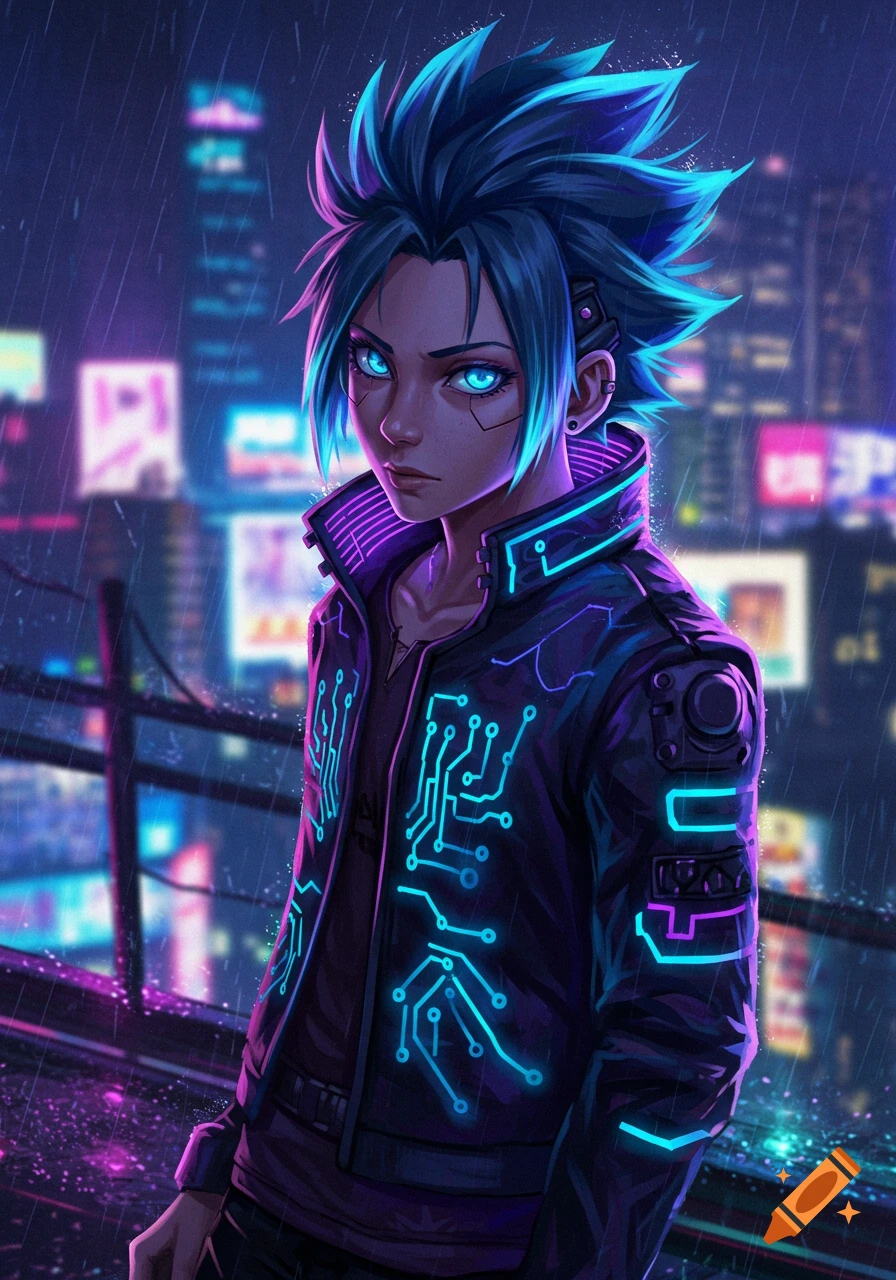 An anime character with spiky blue hair and glowing blue eyes, wearing a black jacket with glowing blue circuit patterns, stands in a rainy cyberpunk city at night.