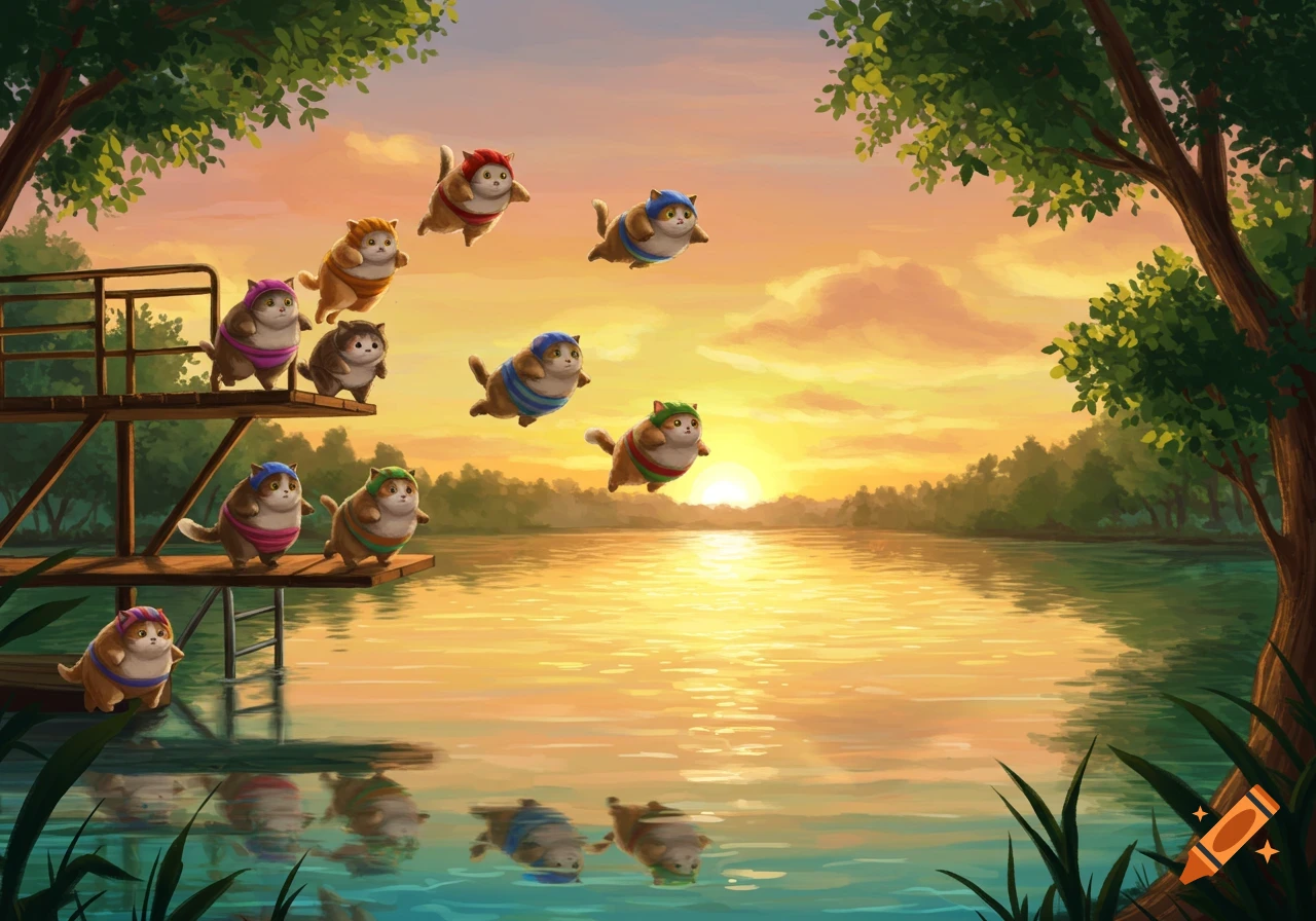 Cartoon illustration of fat cats in swimsuits diving and jumping from a platform into a lake at sunset.