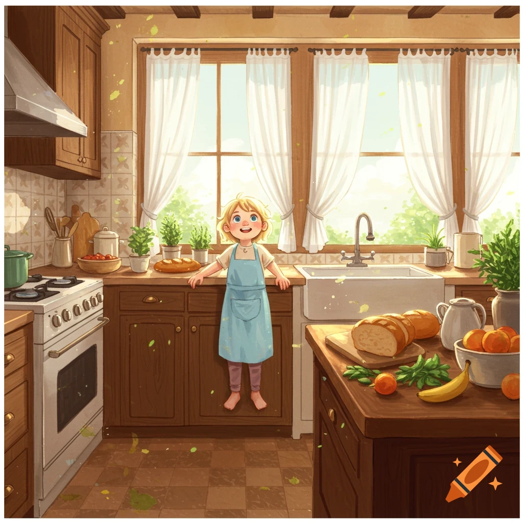 Illustrated happy child in an apron standing in a cozy kitchen with food and a bright window.