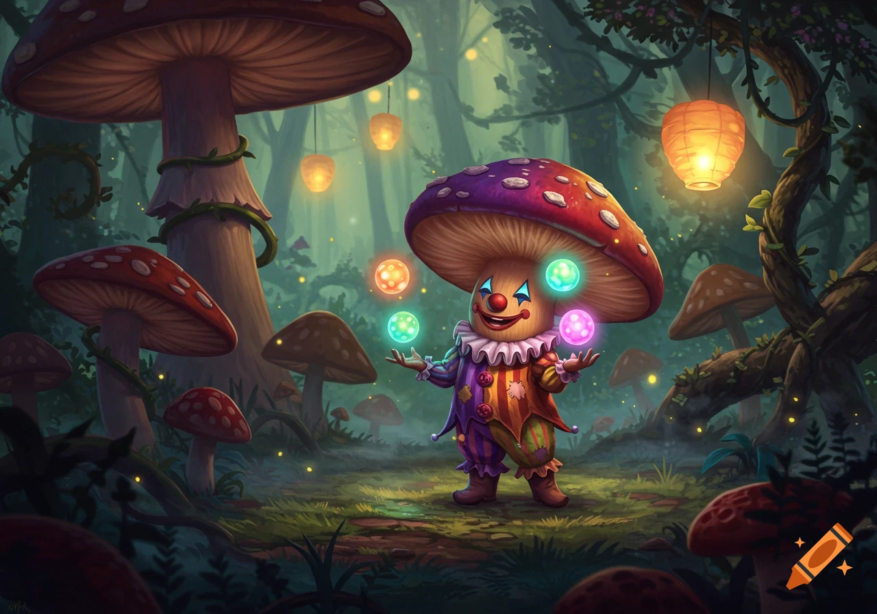 A whimsical mushroom-headed clown juggles glowing orbs in an enchanted forest with giant mushrooms and glowing lanterns.