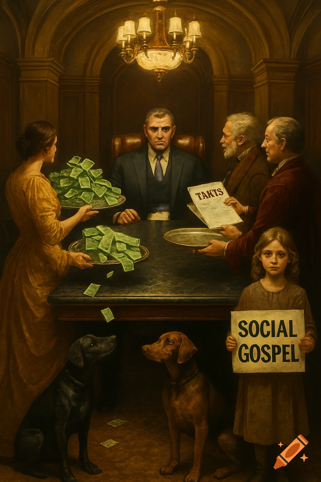 An oil painting of a boss man at a table, receiving trays of money and a document labeled "TAKTS" from others. A girl holds a "SOCIAL GOSPEL" sign, and dogs beg beneath the table.