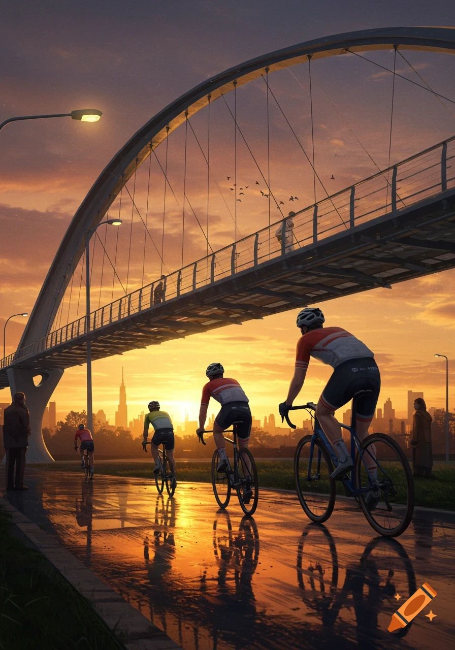 Cyclists ride on a wet path under a large bridge with a city skyline in the distance at sunset, with golden reflections.
