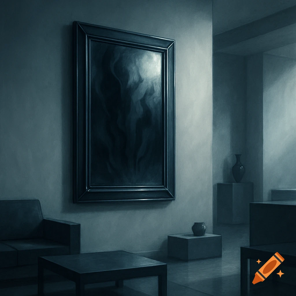 A large dark mirror or painting on a wall in a dimly lit, minimalist modern room with a sofa and tables, creating a moody atmosphere.