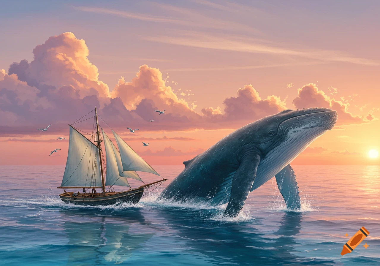 A majestic whale breaches next to a sailboat on the ocean at a vibrant sunset, with clouds and seabirds.
