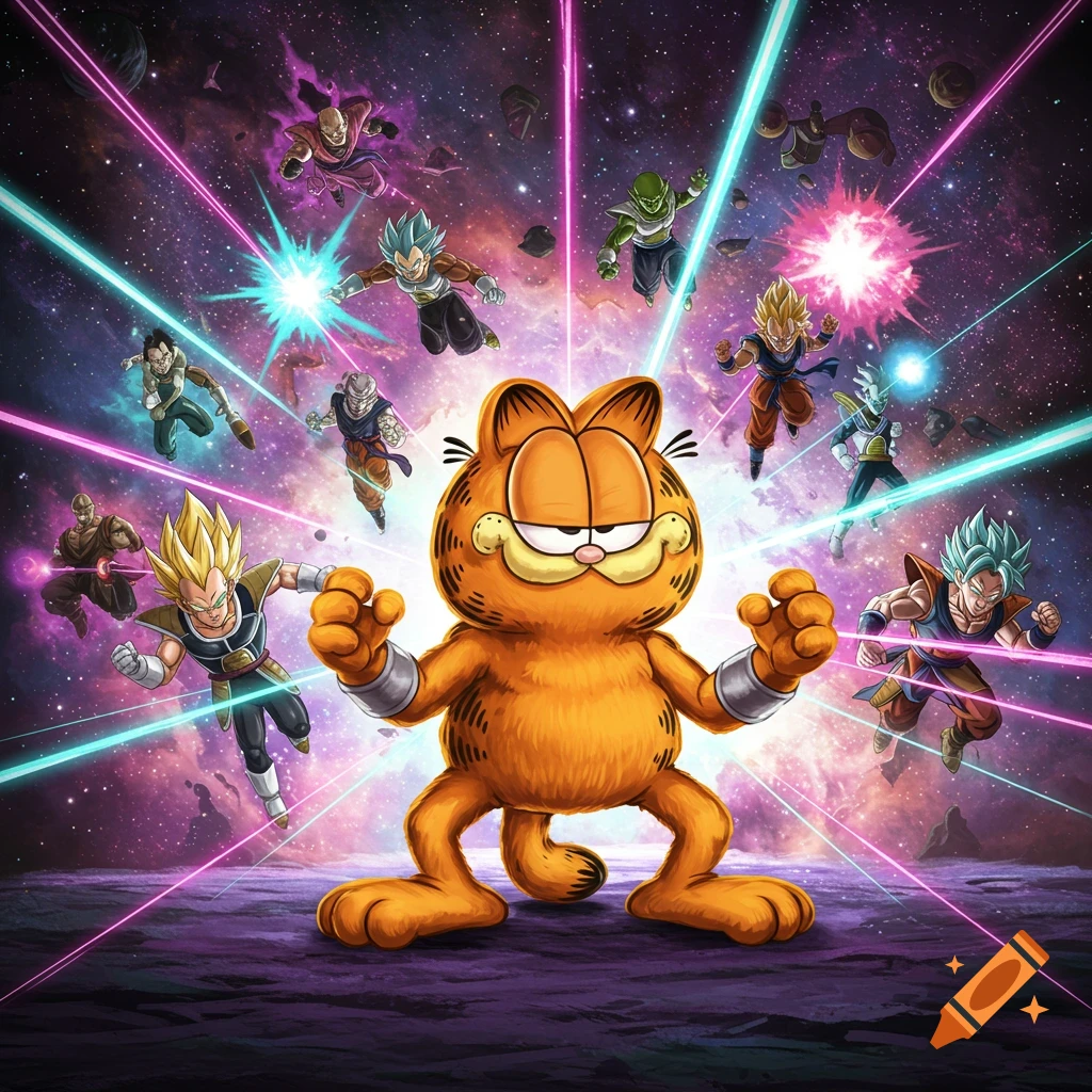 Garfield fighting Dragon Ball characters in a vibrant, dynamic cosmic battle.