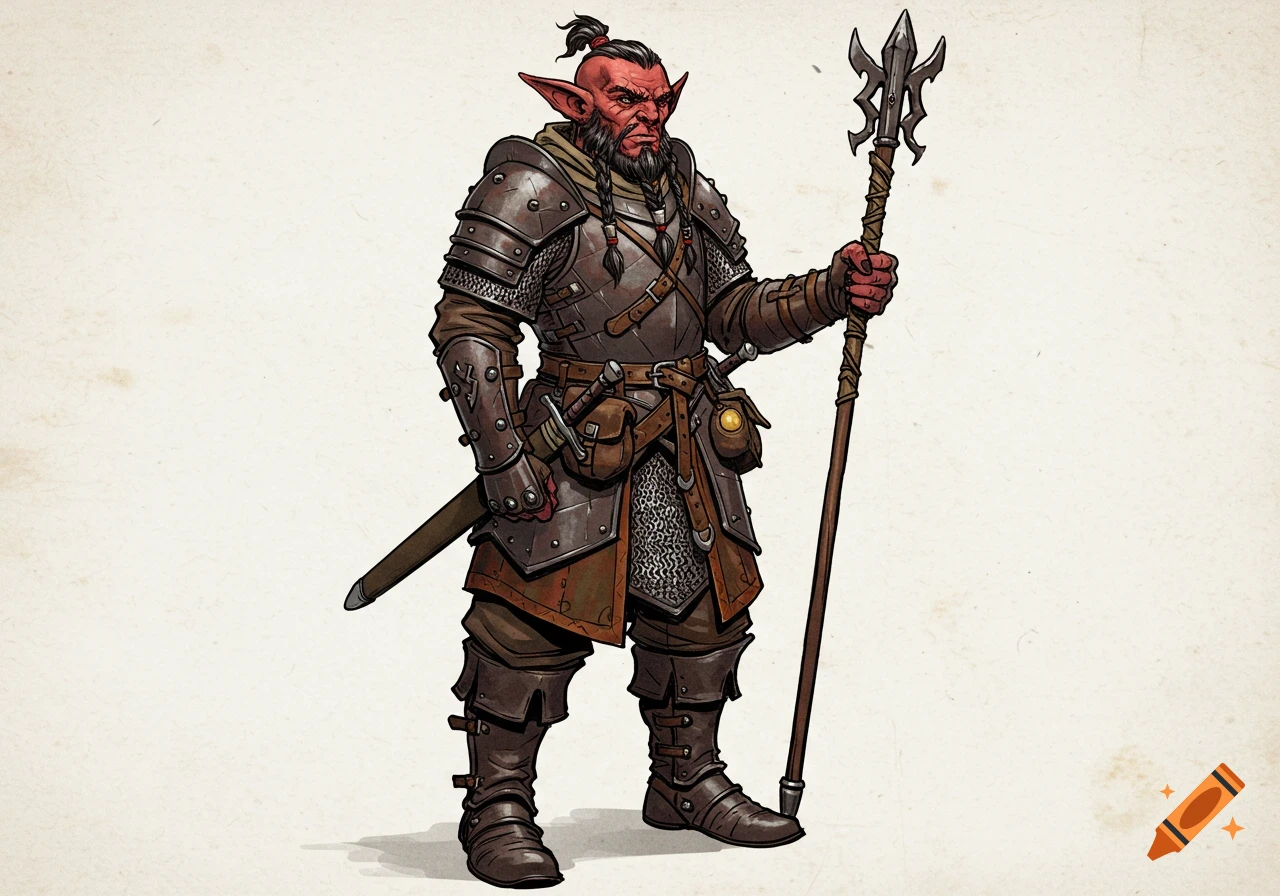 A male Hobgoblin Warlock with red skin, topknot, and beard, wearing dark leathers and chainmail, holding a quarterstaff, in D&D art style.