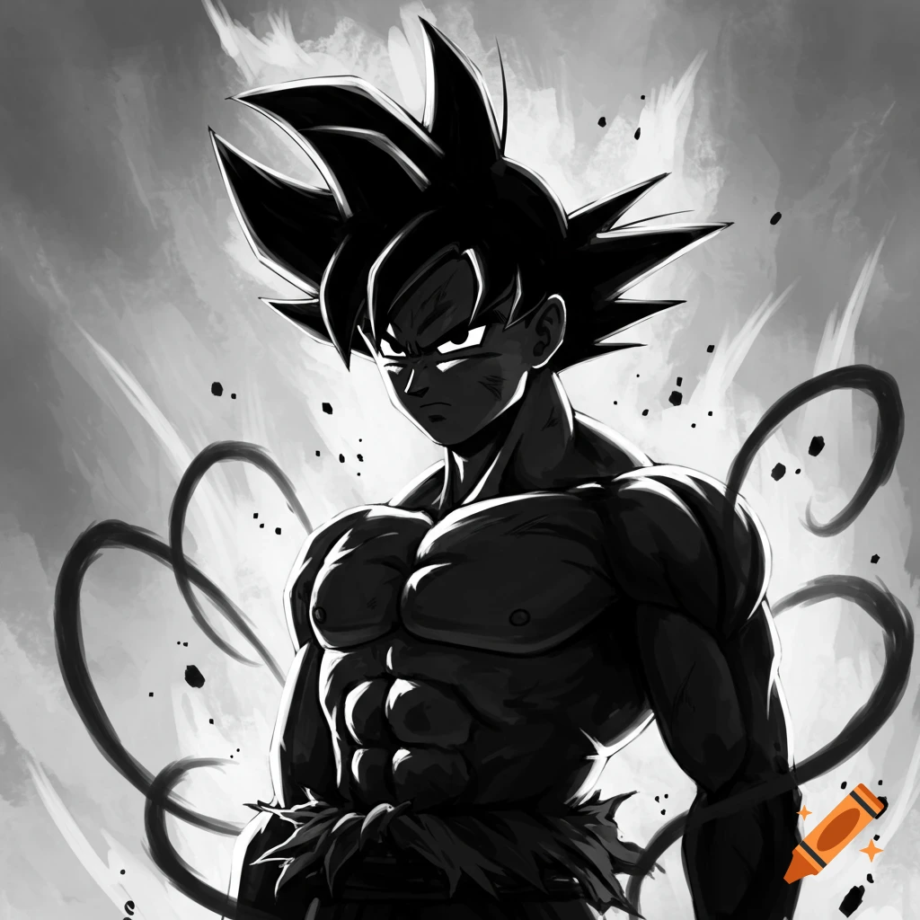 Black and white anime illustration of Goku, muscular and intense, standing with energy emanating from him.