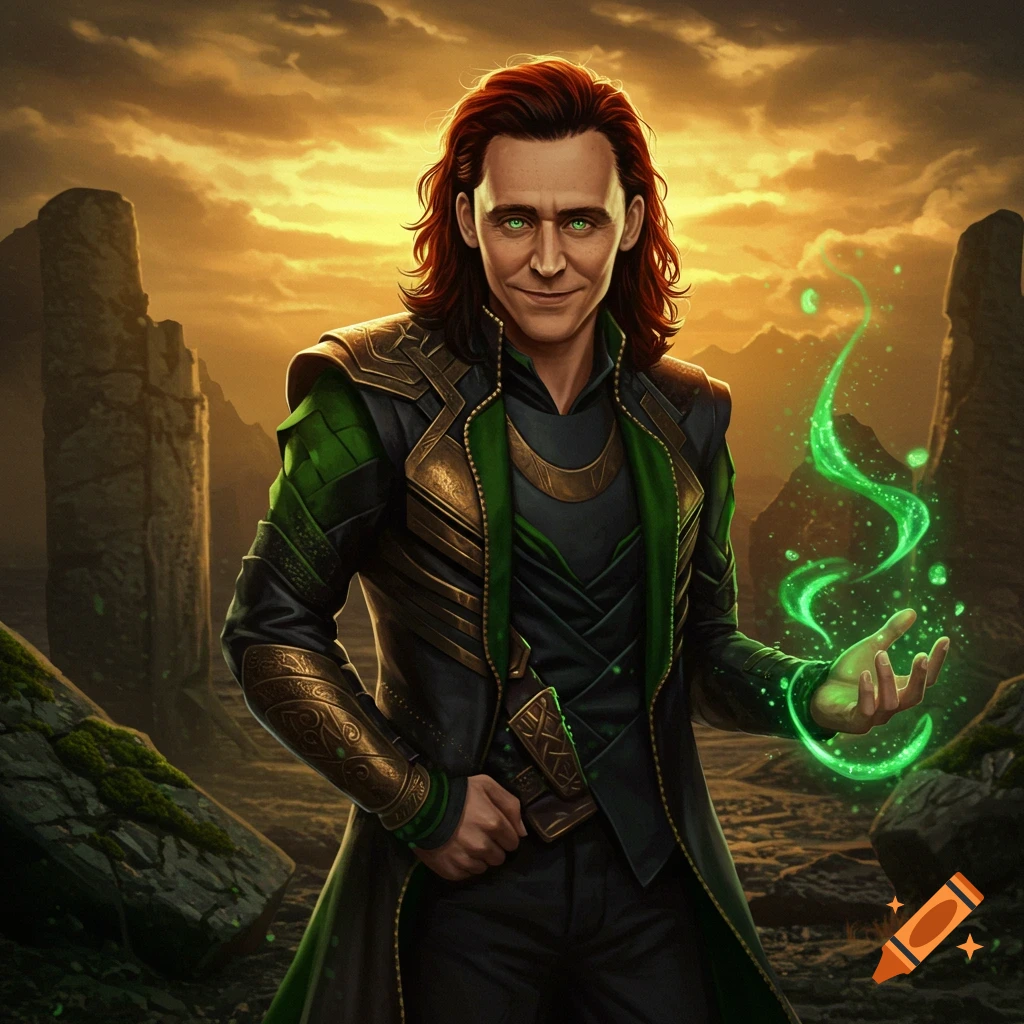 A handsome man with red hair and green eyes, dressed in green and black, holds glowing green magic in a fantasy twilight landscape.