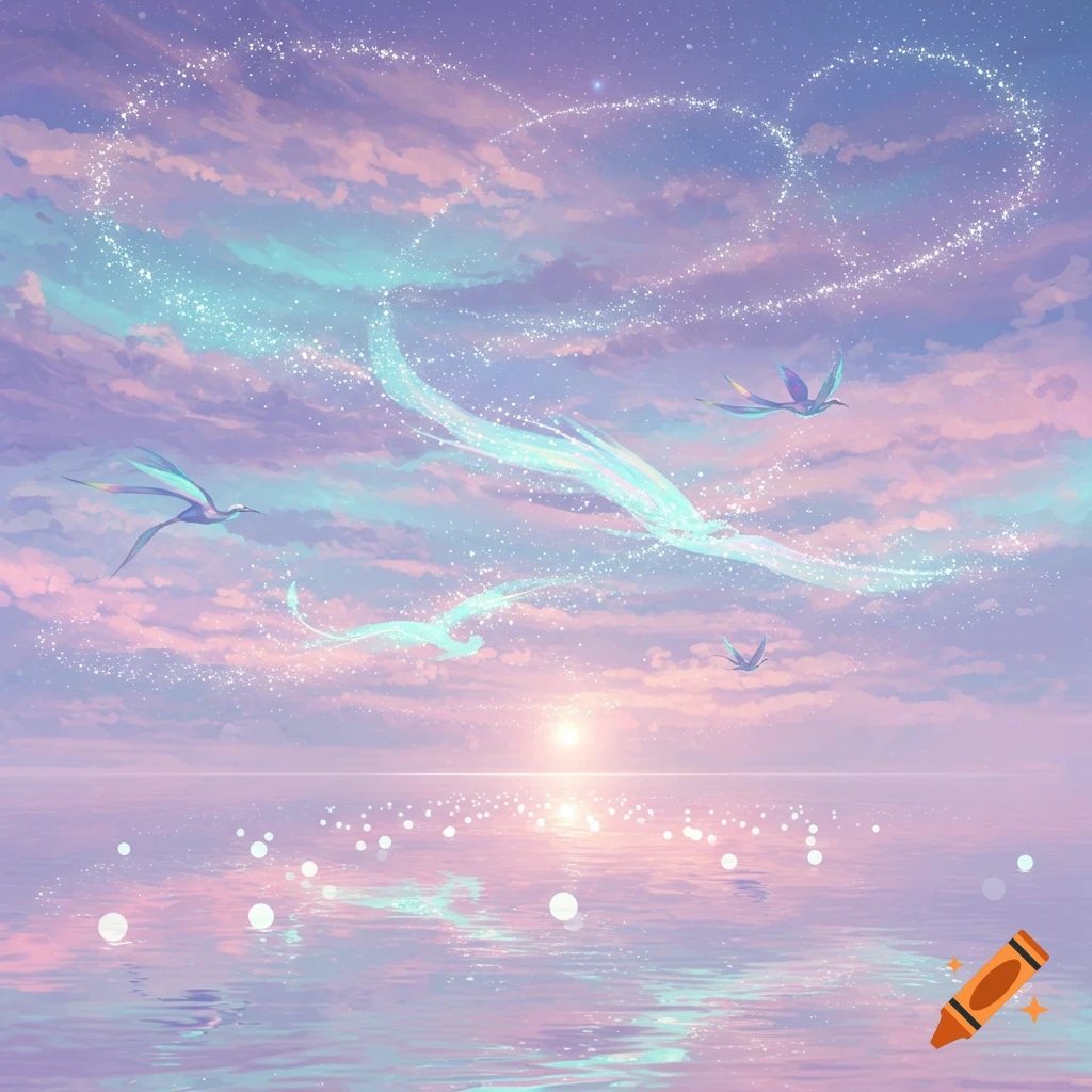 Ethereal sunset over a calm, reflective ocean with pastel pink and blue clouds. Sparkling trails form a heart in the sky, with fantasy birds flying.