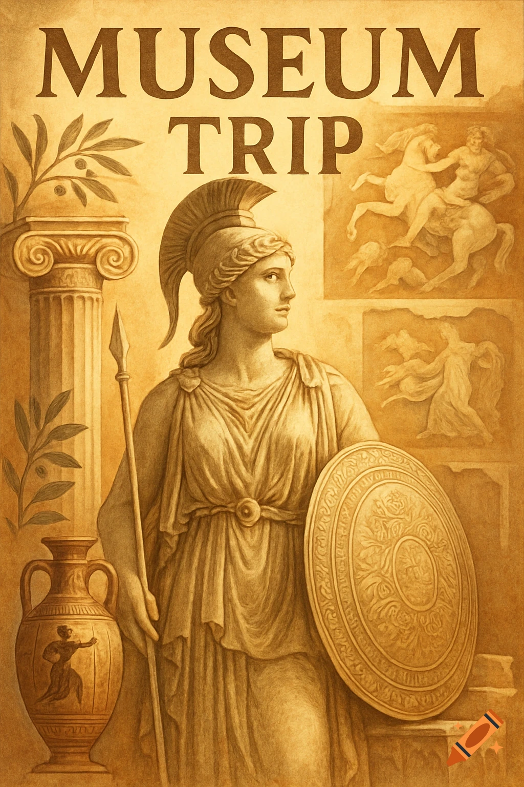 Sepia-toned poster with 'MUSEUM TRIP', featuring a classical Greek warrior woman, column, vase, and relief carvings.