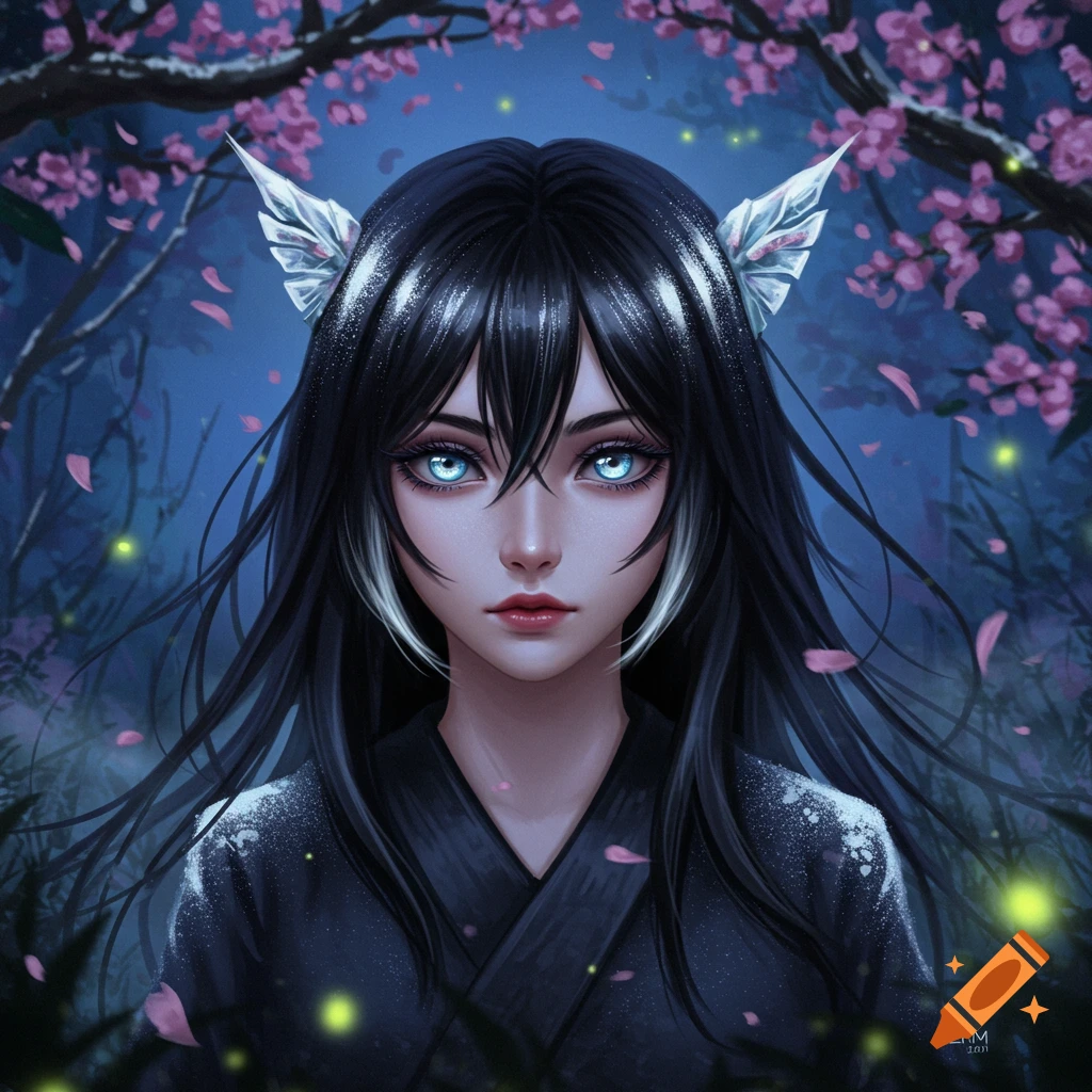 A fantasy anime girl with black hair, white streaks, bright blue eyes, and wing-like ears, in a mystical forest with cherry blossoms.