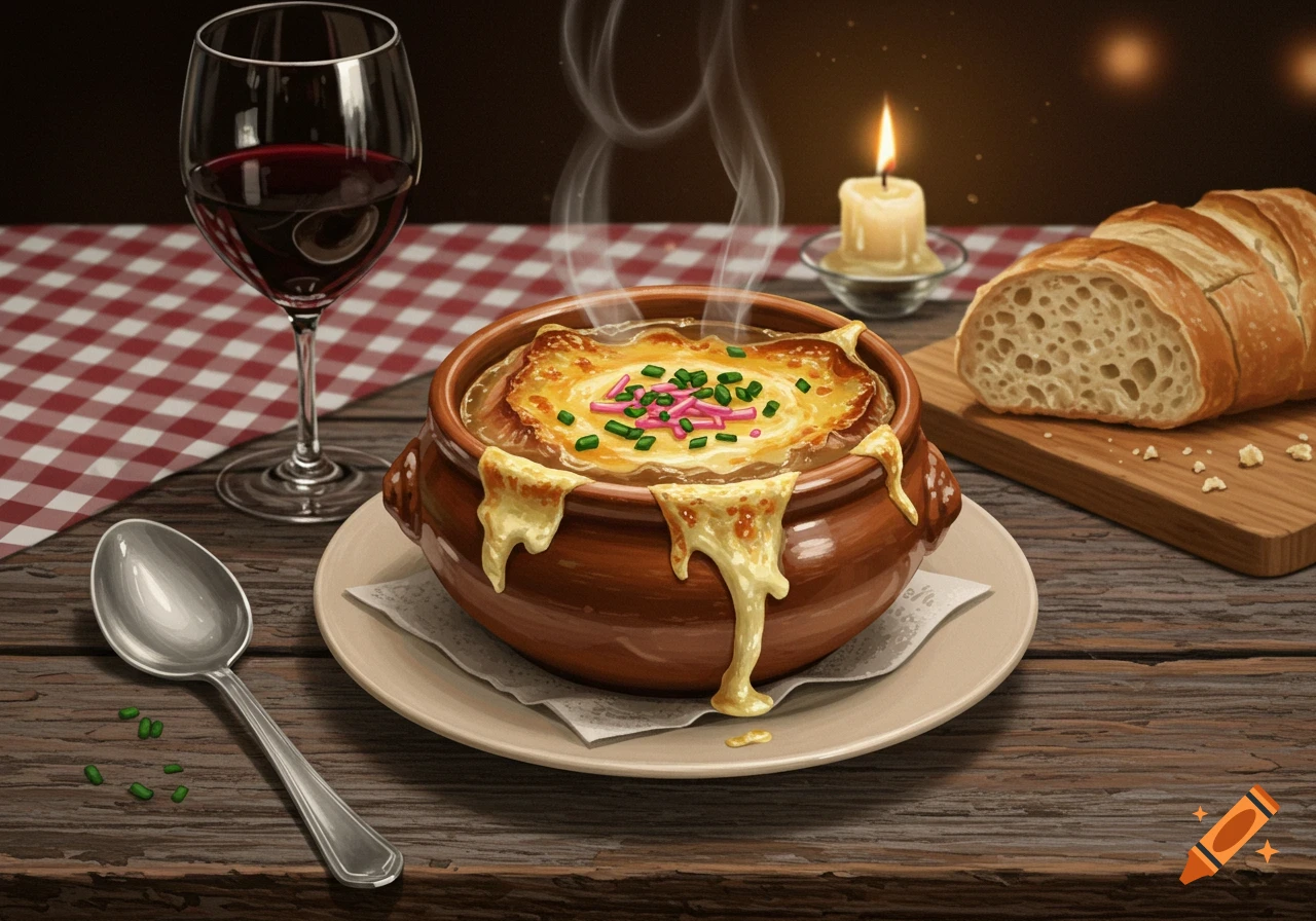 A steaming bowl of French onion soup with melted cheese, pink sprinkles, and chives, served with red wine, baguette, and a candle on a wooden table.