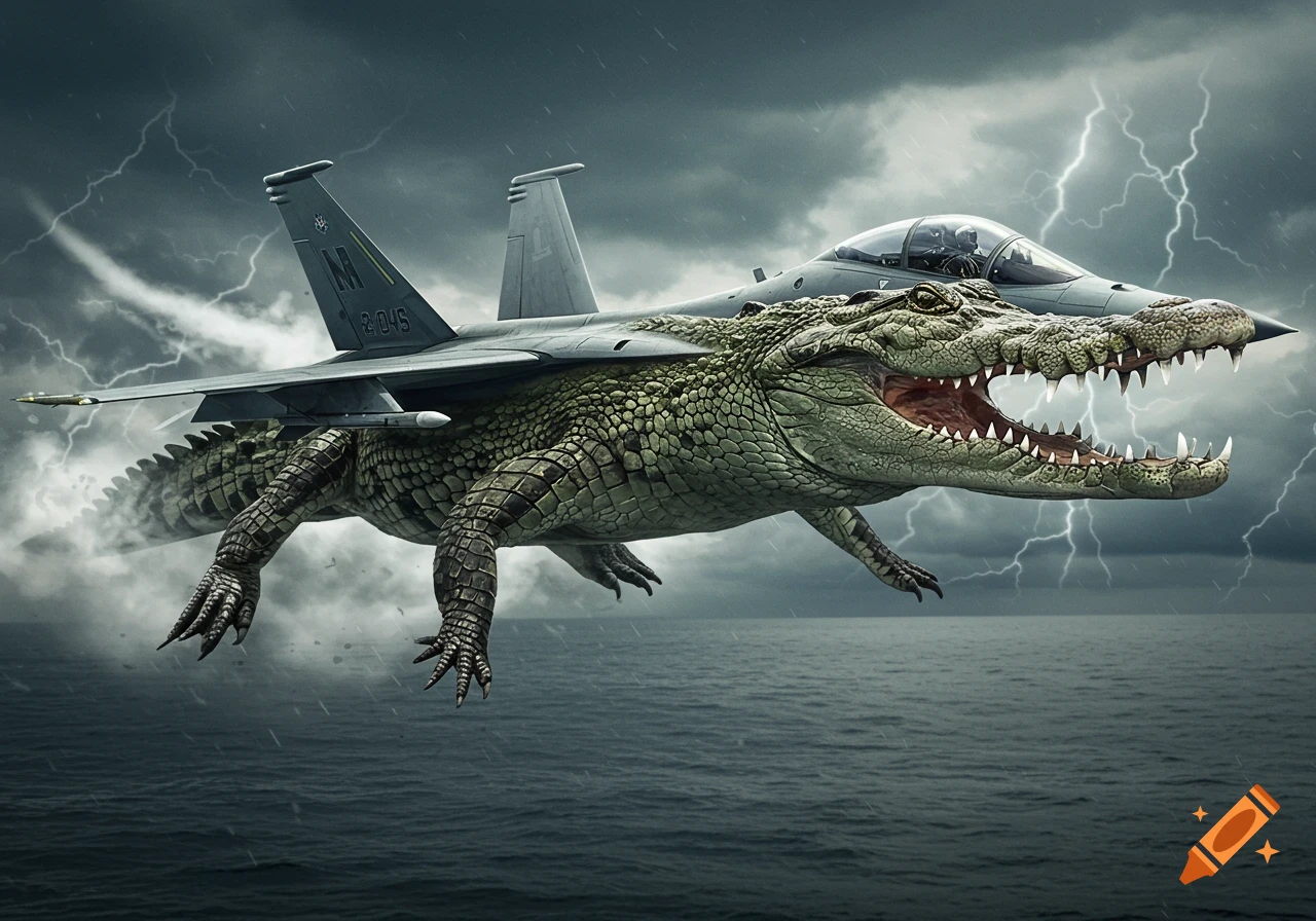 A giant, photorealistic crocodile with a fighter jet's body and wings flies over a stormy ocean with lightning striking in the dark sky.