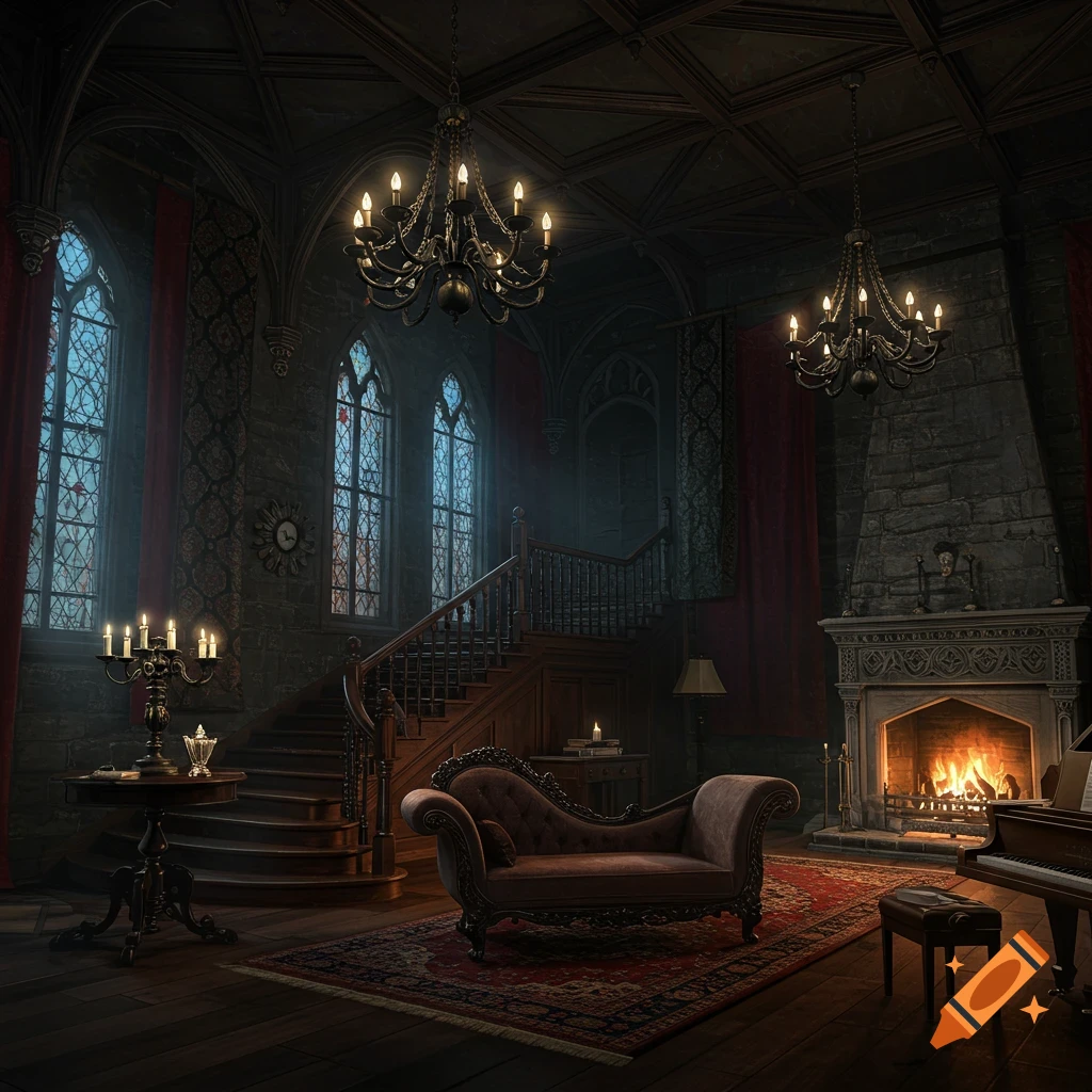 An ornate, dimly lit gothic mansion interior featuring a grand staircase, large stained-glass windows, chandeliers, a fireplace, and a chaise lounge.