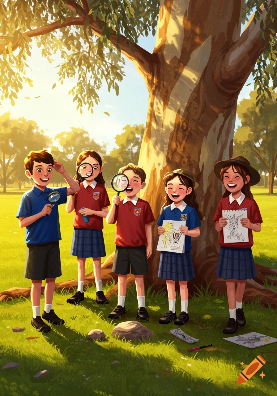 Five smiling children in school uniforms explore outdoors with magnifying glasses and drawings under a large tree.