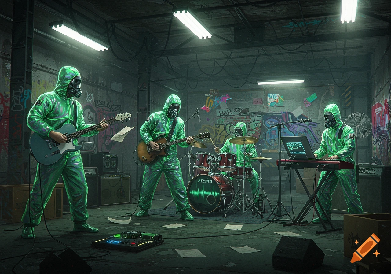 A band in luminous green hazmat suits and gas masks plays instruments in a grunge, graffiti-covered rehearsal room. One guitarist is on the left, a second in the center, a drummer behind them, and a keyboardist on the right.