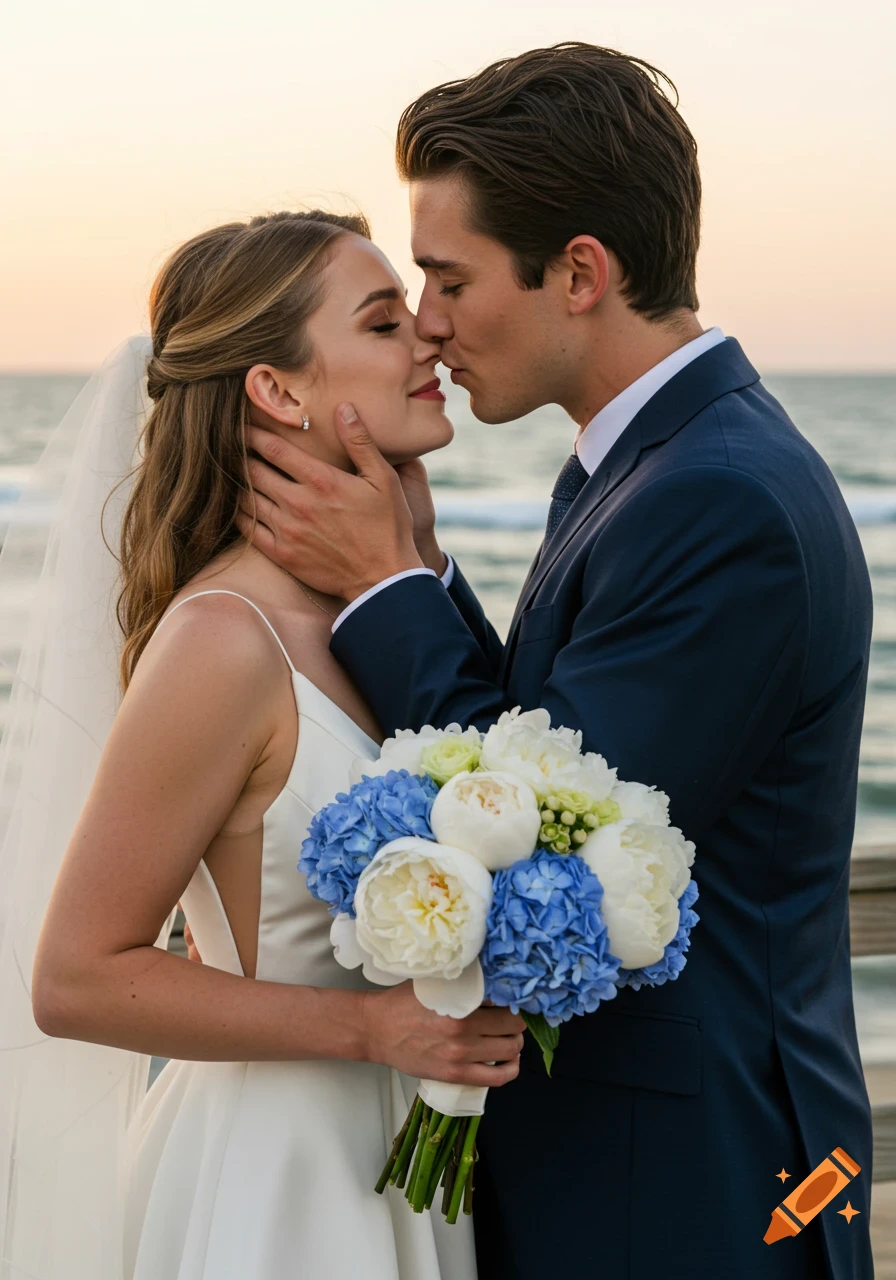 A wedding couple shares a tender kiss on a beach boardwalk at sunset, holding a bouquet of white peonies and blue hydrangeas.