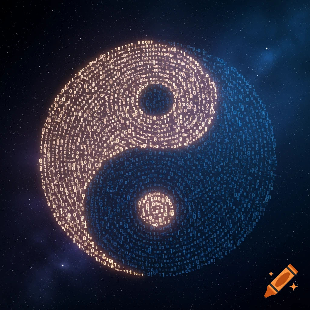A glowing orange and blue Yin and Yang symbol made of binary digits against a starry space background.