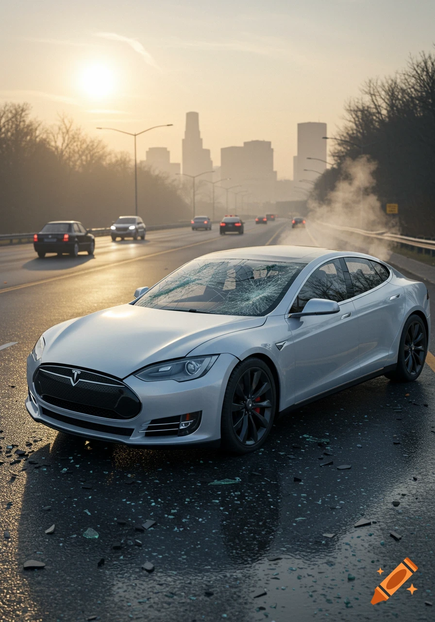 A silver Tesla with a shattered windshield sits on a wet road amidst debris, with distant city skyscrapers visible under a hazy sunrise.