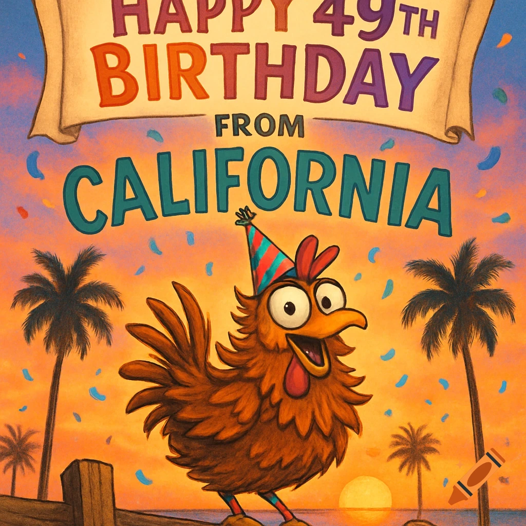 A cartoon chicken in a party hat on a fence at a California beach sunset, with a 'Happy 49th Birthday From California' banner and confetti.