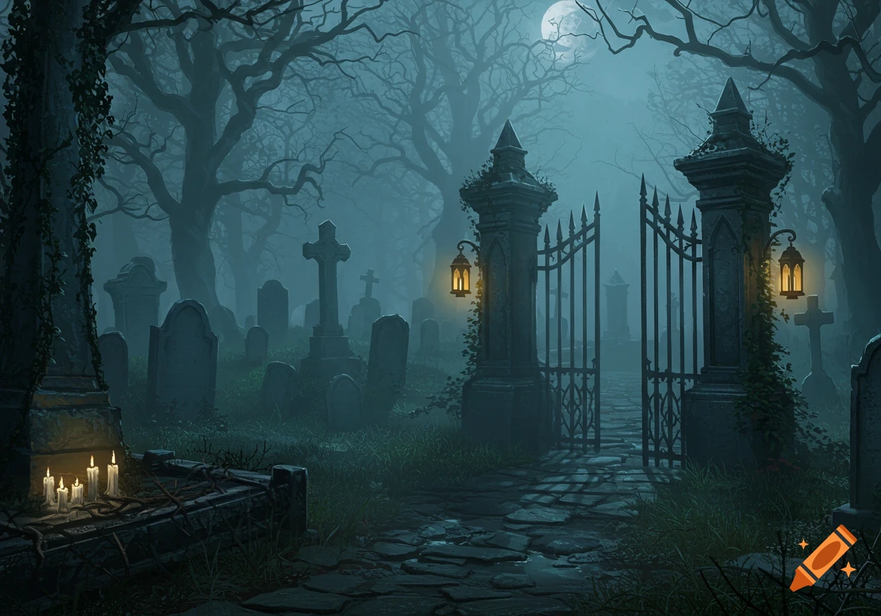 A misty gothic cemetery at night with a full moon, ornate iron gates, gravestones, and lanterns glowing in a spooky forest.