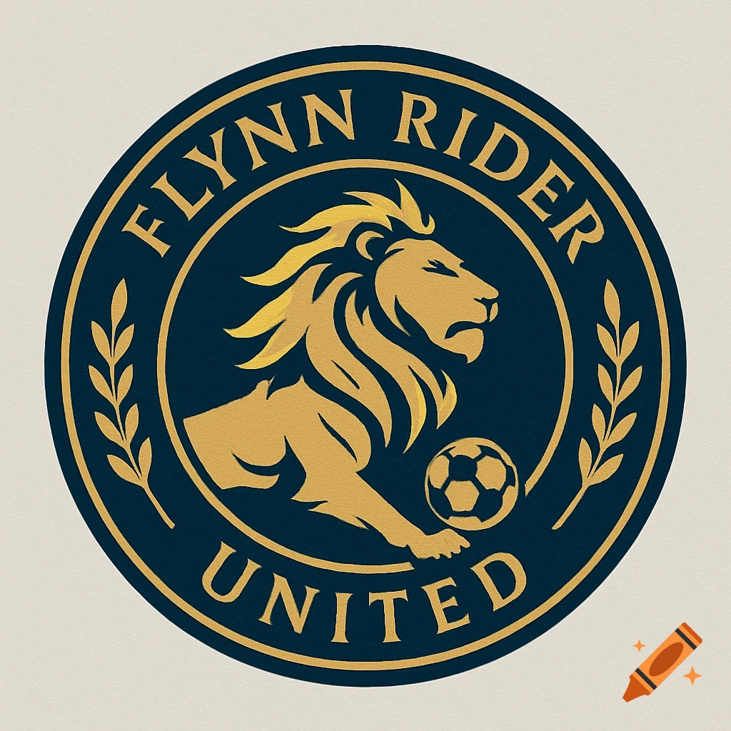 Circular soccer club logo with a golden lion, soccer ball, 'FLYNN RIDER UNITED' text, and laurels on a dark blue background.