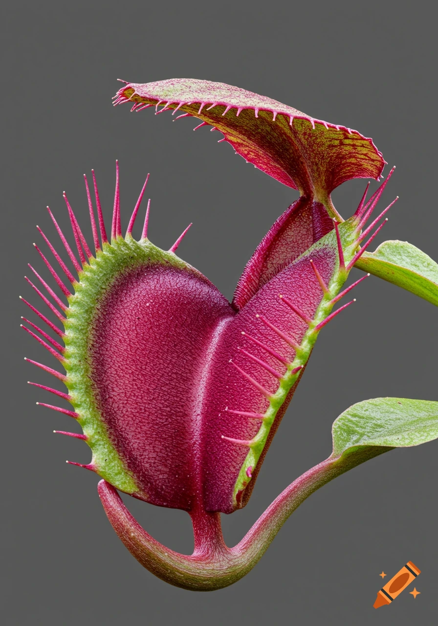 A detailed, photorealistic close-up of an open Venus flytrap with vibrant pink and green leaves against a plain grey background.