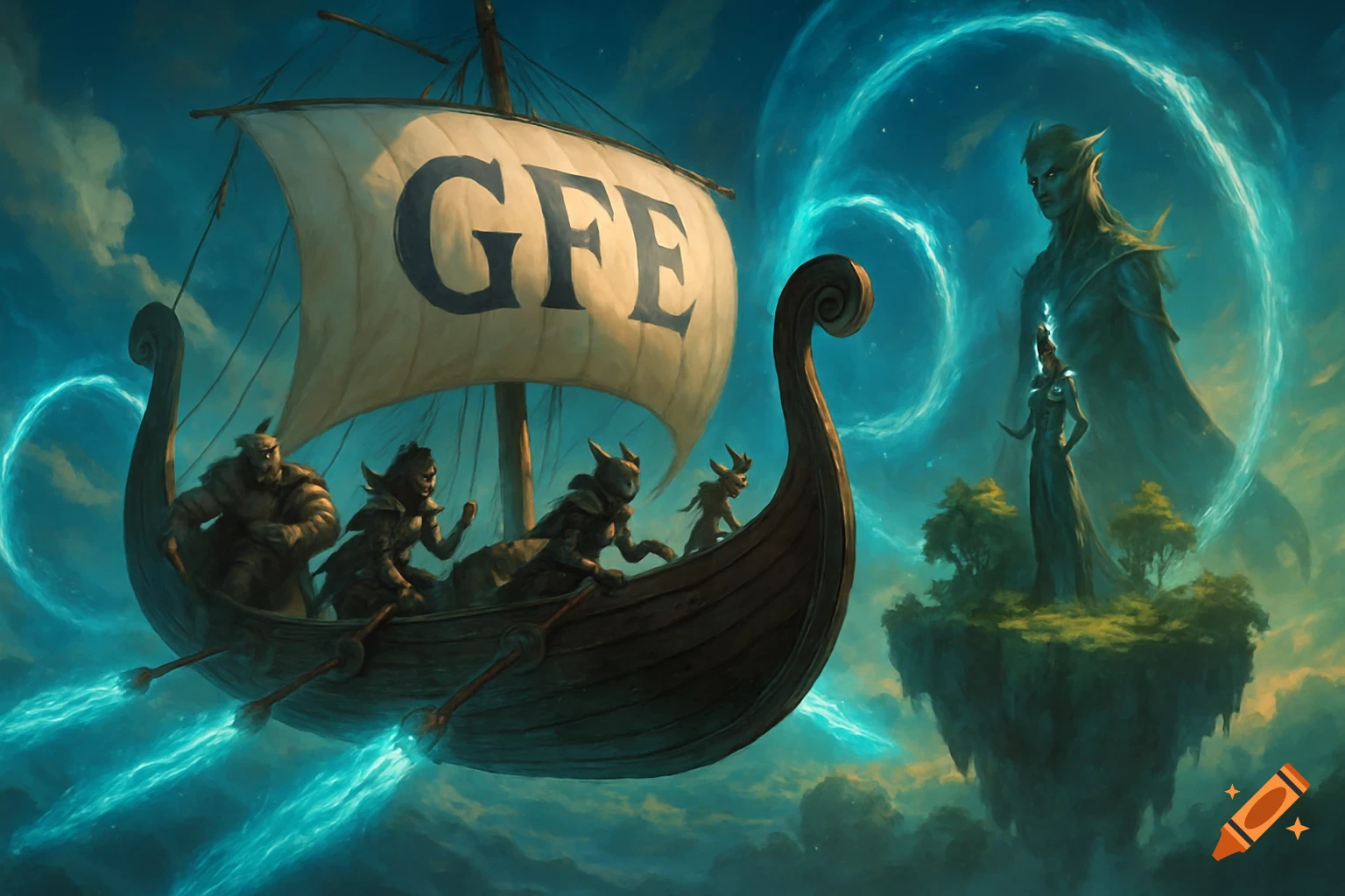 A flying Viking ship with 'GFE' on its sail carries fantasy adventurers towards a fae lord and lady on a floating island in a surreal, painterly sky.