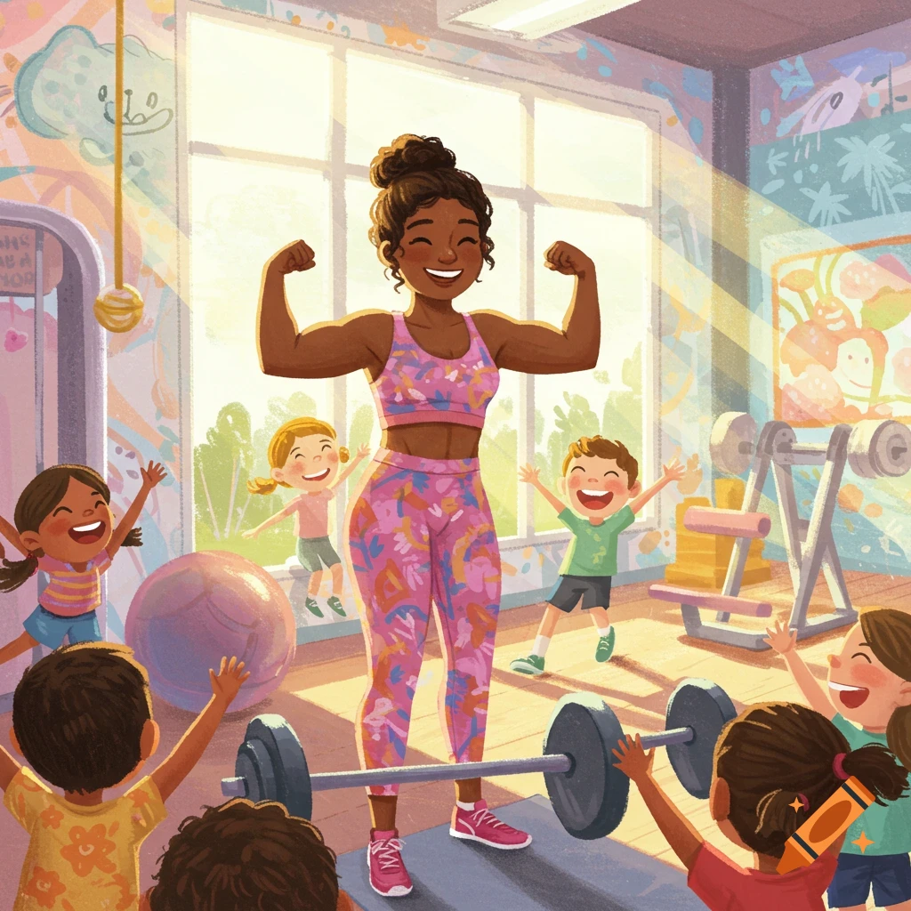 A smiling woman in a pink workout outfit flexes muscles, admired by cheering children in a colorful gym, kids book illustration.
