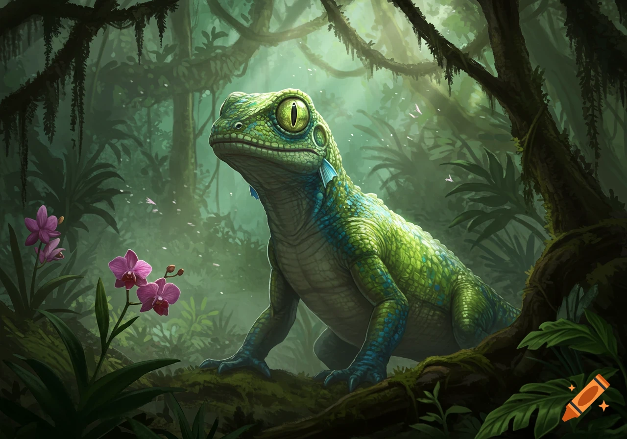 A vibrant green and blue gecko-like creature with large yellow eyes sits on a mossy log in a lush, dark jungle with pink orchids.