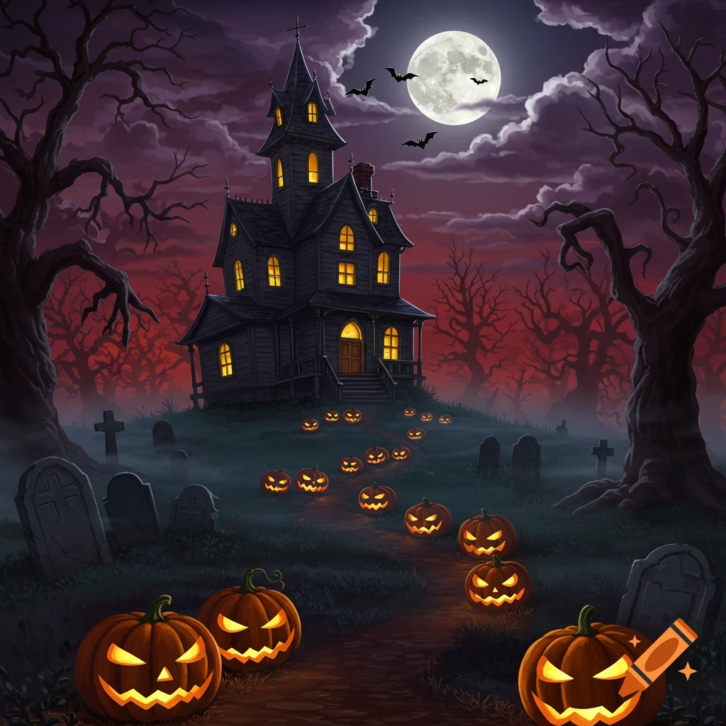 A fantastical illustration of a haunted house on a hill, glowing jack-o'-lanterns, a graveyard, gnarled trees, and bats under a full moon.