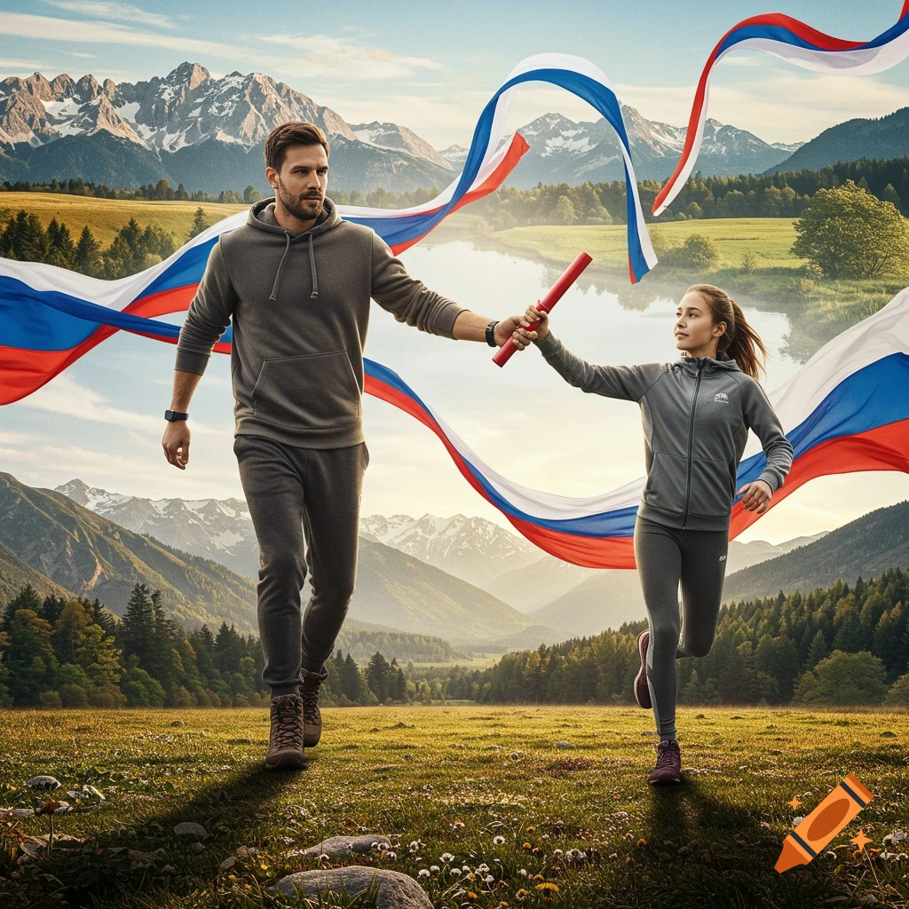 A man and a girl in sportswear pass a red baton with white, blue, and red ribbons flowing around them in a photorealistic mountainous landscape.