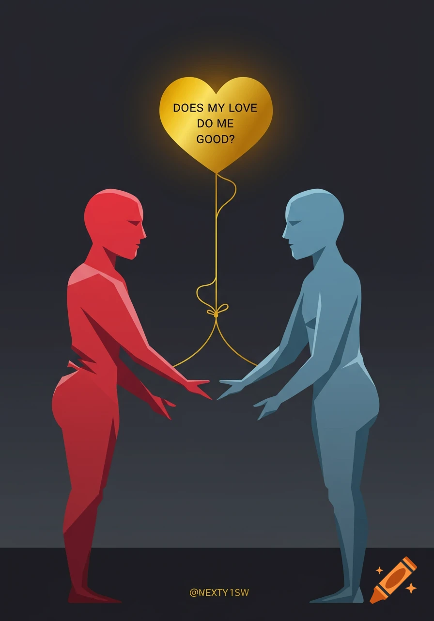 A stylized illustration of a red figure and a blue figure reaching out, connected by a string to a glowing golden heart balloon with the text "DOES MY LOVE DO ME GOOD?".
