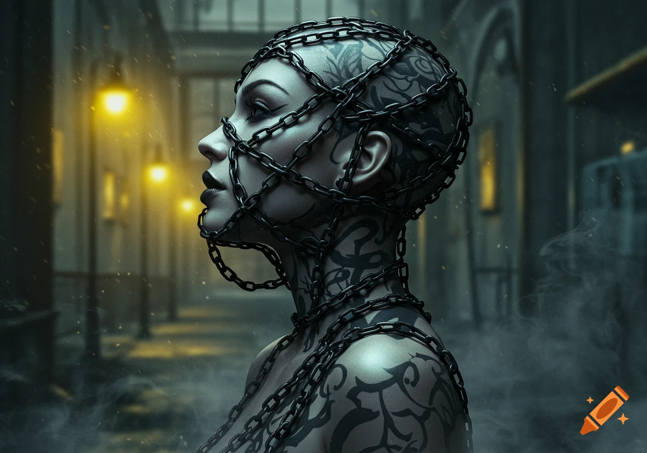 Side profile of a woman with intricate tattoos, chains wrapped around her head, face, and neck, in a dark, foggy setting with yellow lights.