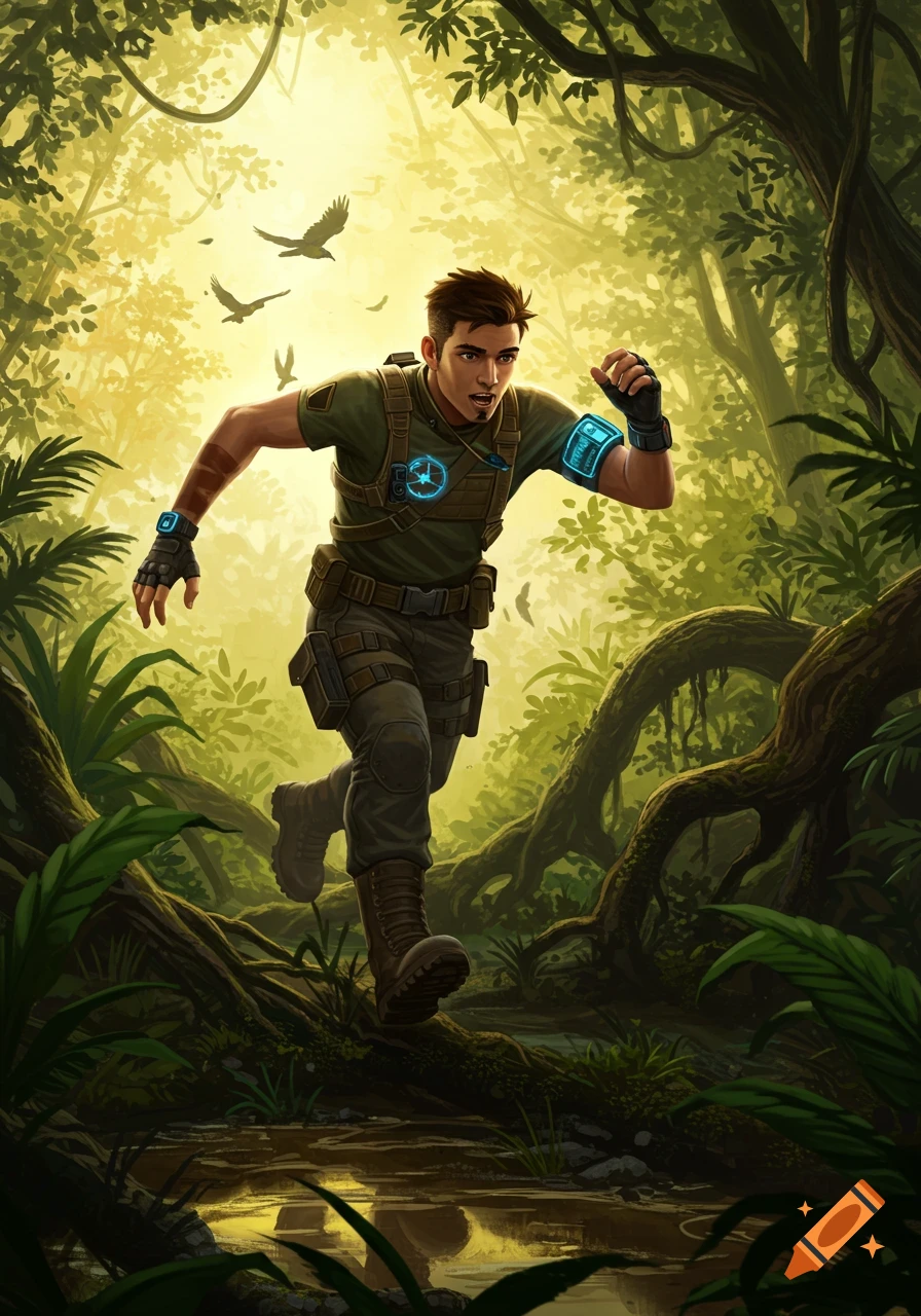 A fit man in tactical gear with glowing blue devices runs through a dense, sunlit jungle, with birds flying above.