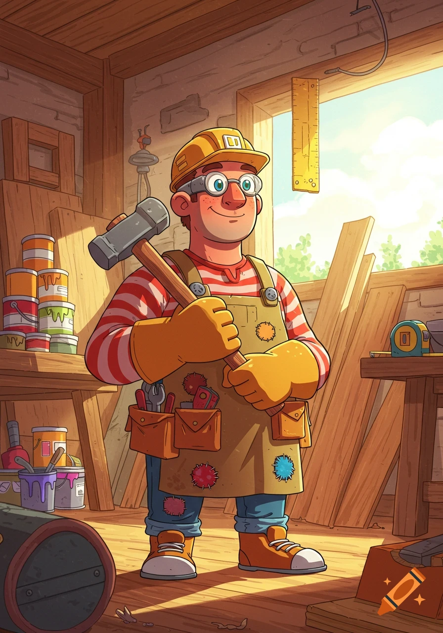 A cartoon carpenter in a workshop, wearing a hard hat, glasses, and an apron, holding a large hammer, smiling.