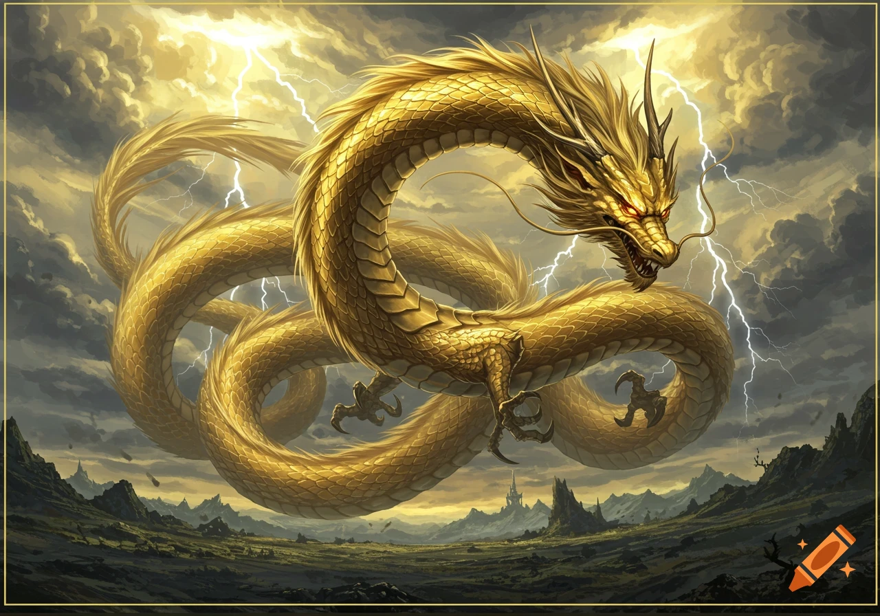 A majestic golden dragon coils mid-air amidst a stormy sky with lightning, overlooking a desolate landscape.