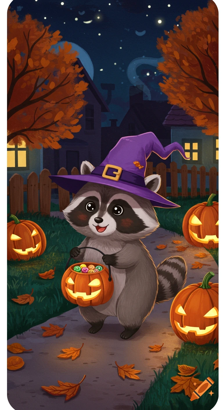 A cute, whimsical illustration of a Halloween raccoon trick-or-treating at night, wearing a witch hat and holding a pumpkin candy bucket amidst jack-o'-lanterns and autumn leaves.