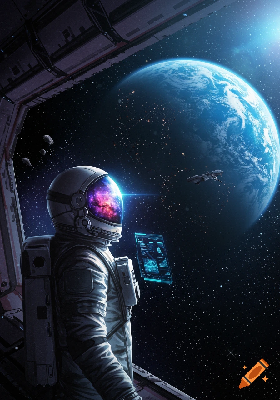 An astronaut in a spacesuit looks out a window at a large blue planet and a distant spaceship, holding a holographic screen with data.