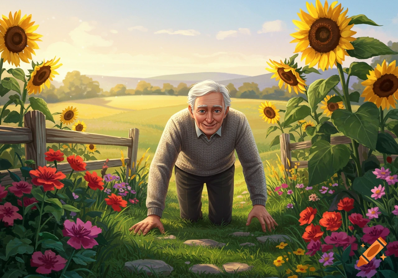 An illustrated old man with white hair crawls through a vibrant field of colorful flowers and tall sunflowers.