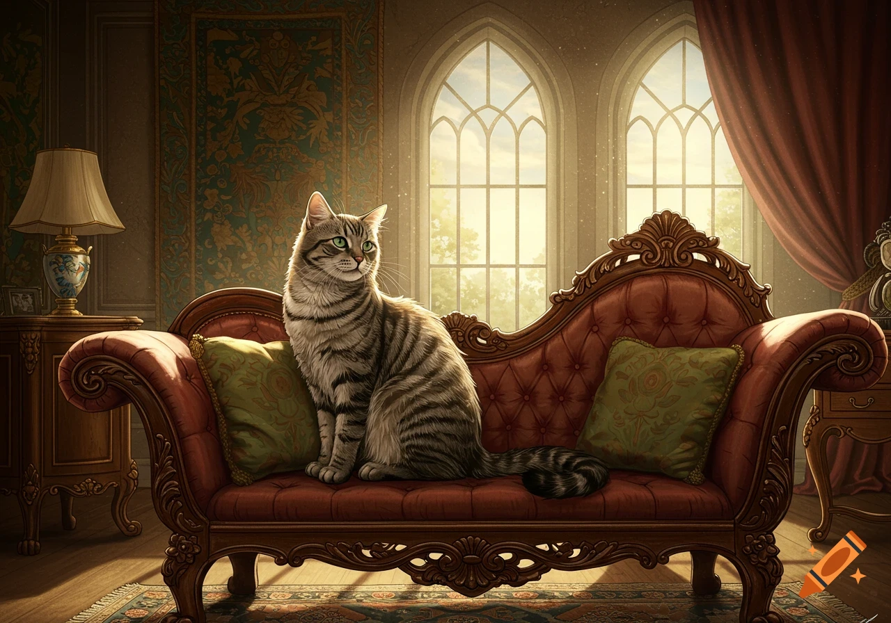 A tabby cat sits regally on a red tufted chaise lounge in a sunlit, ornate room with arched windows, a classical painting.