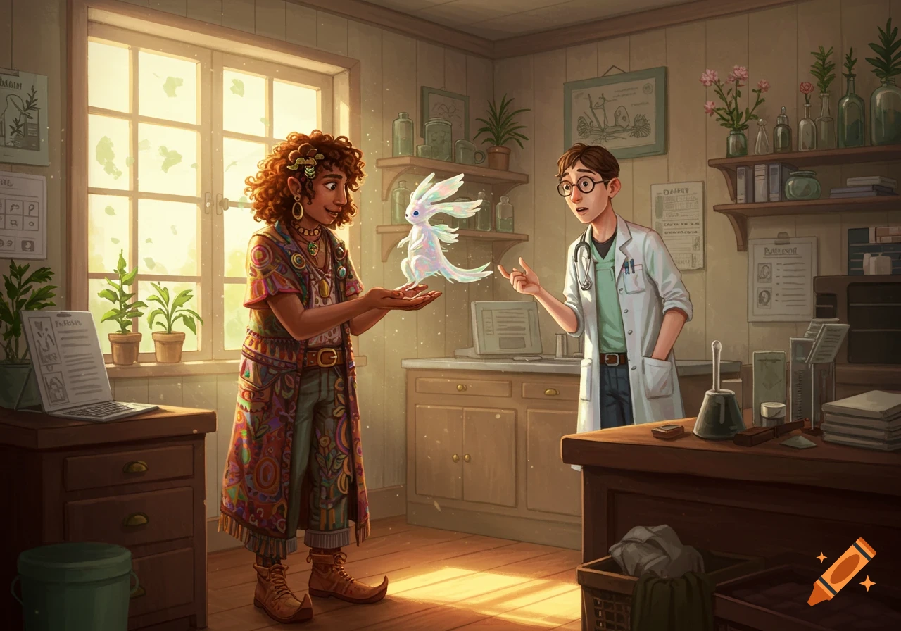 A person in colorful clothing holds a small, glowing white fantasy creature as a surprised vet in a white coat watches in a sunlit clinic.
