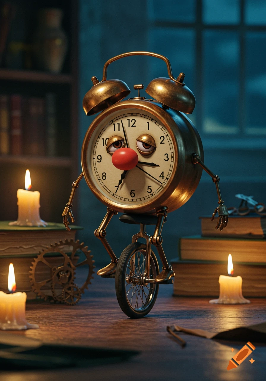 A tired-looking brass alarm clock with a red nose and mechanical limbs rides a unicycle on a wooden desk, surrounded by lit candles and books, in a dimly lit room.