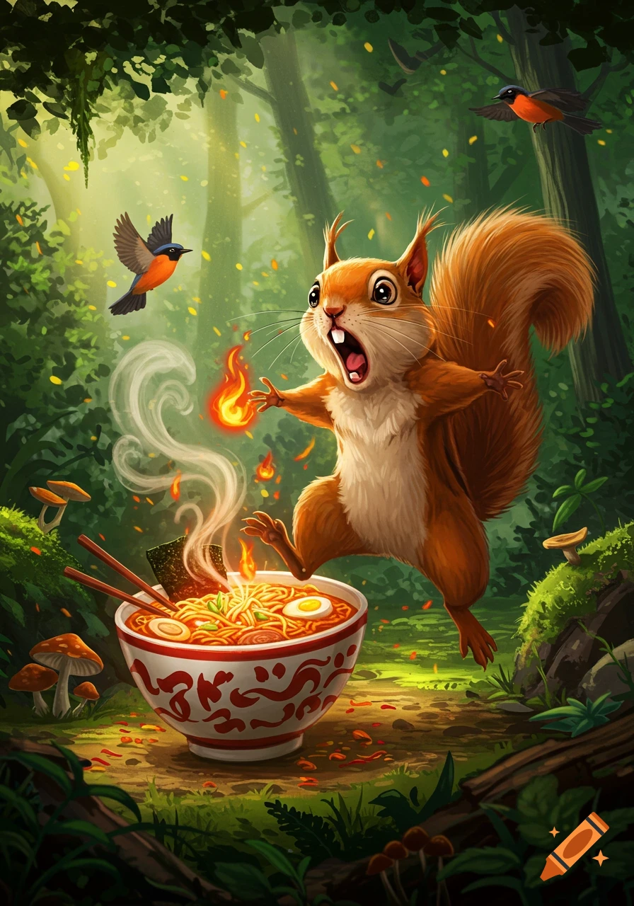 A cartoon squirrel, mid-jump and screaming, reacts to a fiery bowl of spicy ramen in a lush forest with birds flying.