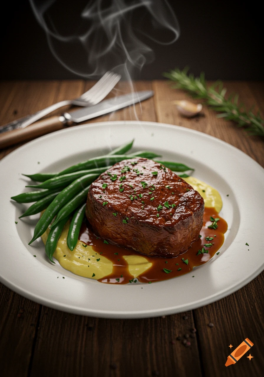 Photorealistic image of a steaming plate of braised bison with green beans, yellow puree, and brown sauce on a wooden table.