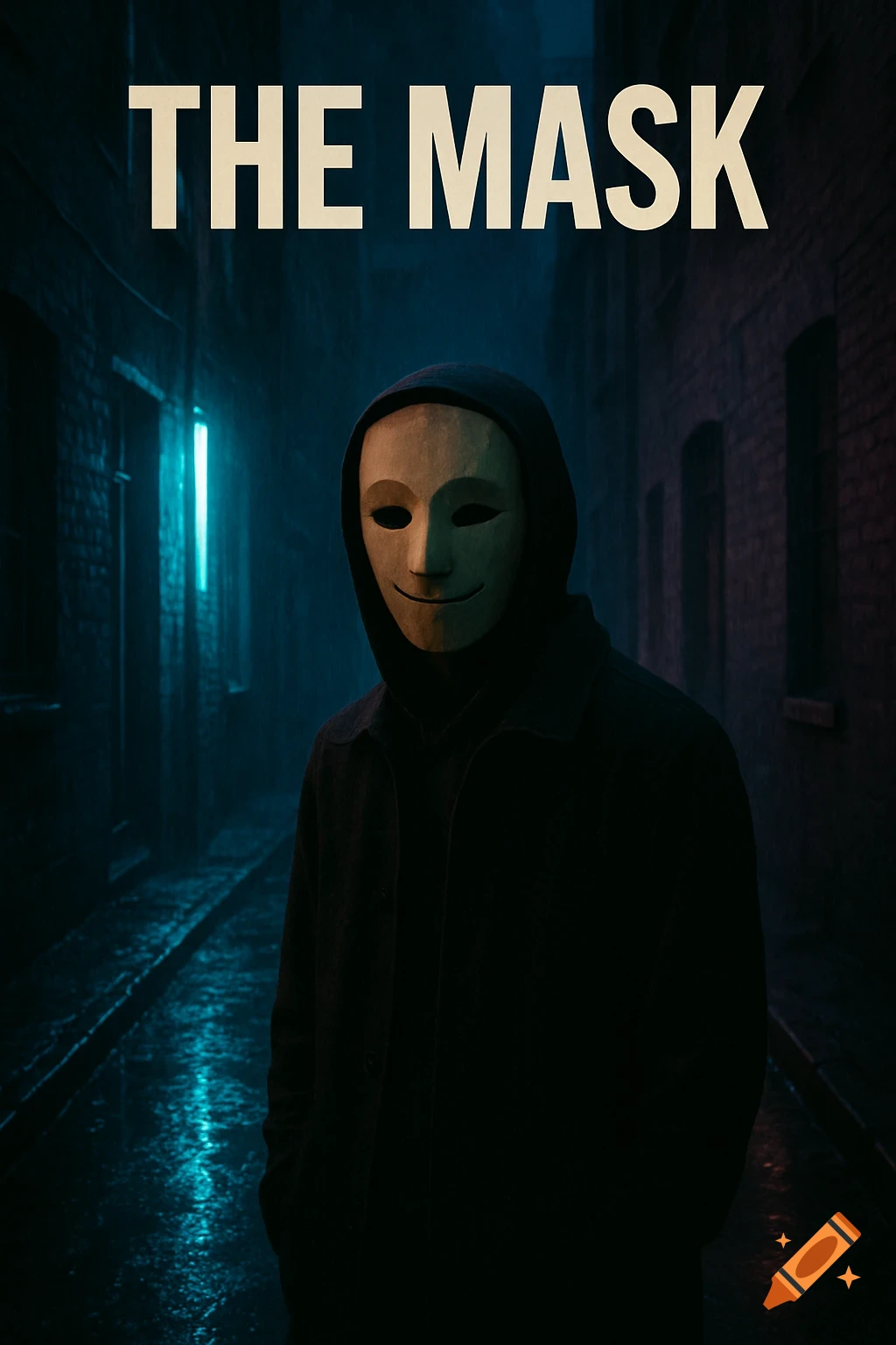 A hooded figure wearing a simple, smiling mask stands in a dark, wet alley under text that reads "THE MASK".