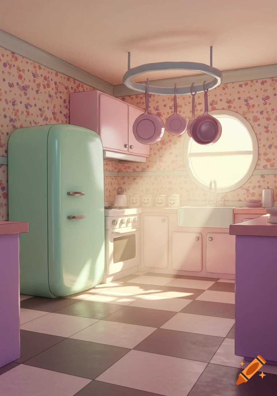 A retro-style cartoon kitchen with a mint green refrigerator, pink cabinets, and a checkered floor, brightly lit by a round window.