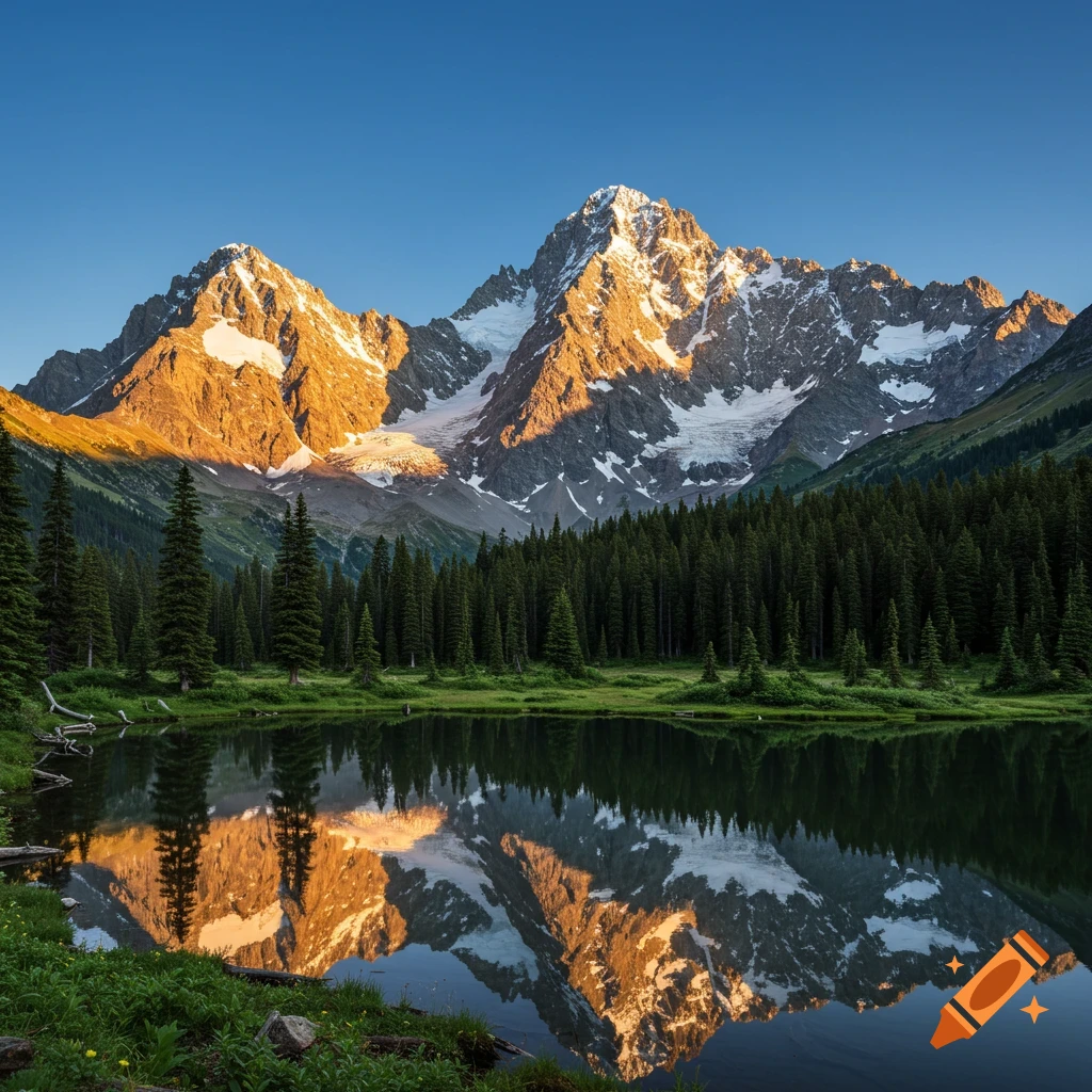 A majestic snow-capped mountain range reflected in a calm lake surrounded by a dense evergreen forest under a clear blue sky.