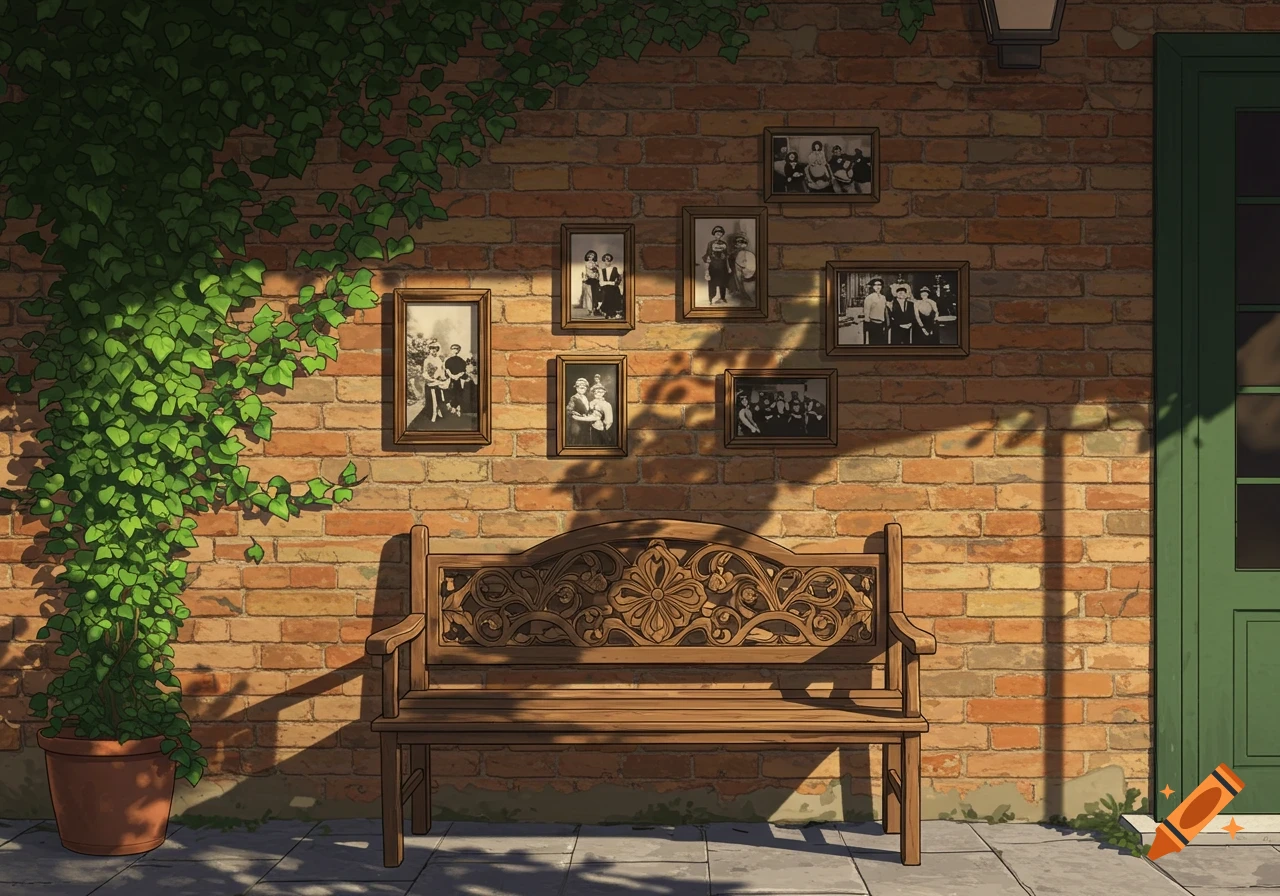 An illustrative image of a brick wall with climbing ivy, framed black and white photos, and a carved wooden bench in dappled sunlight.